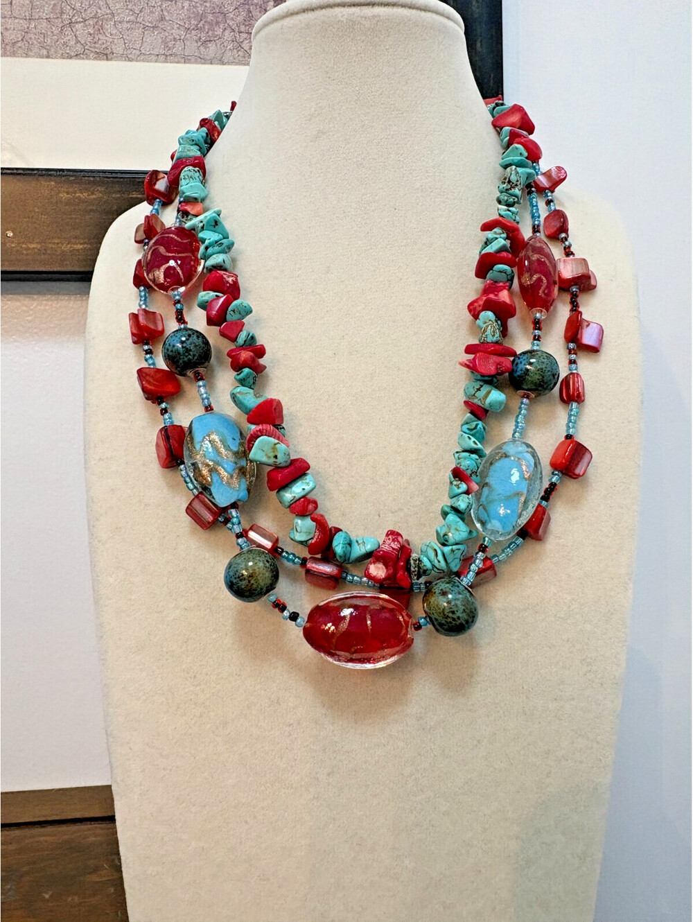 Turquoise & Coral Chip Shell Glass Bead 3 Strand Necklace Native Southwestern 16